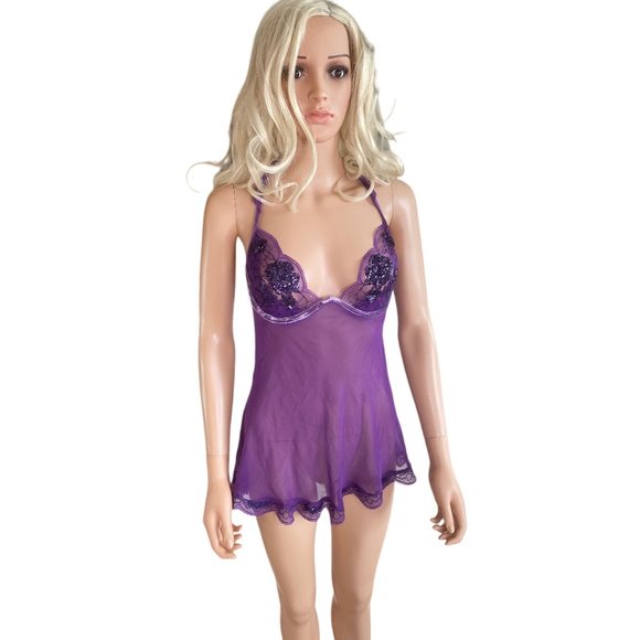 Victoria’s Secret Very Sexy Lingerie Sheer Purple Lace Jewel T Back Dress 36C - Picture 13 of 13